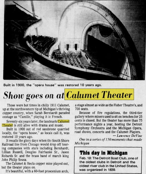 Calumet Theatre - Feb 1987 Article